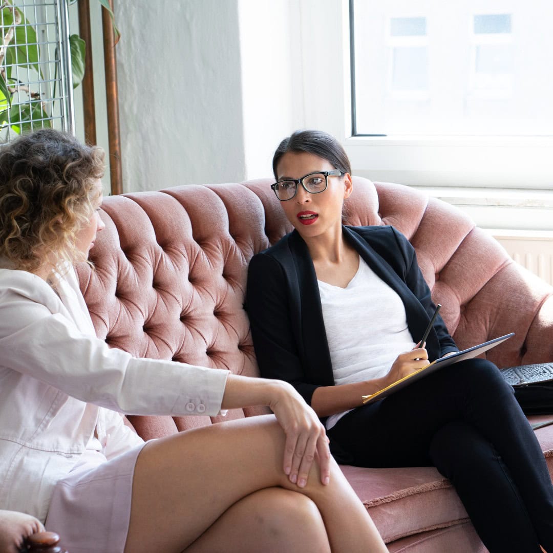 Professional counselling session discussing mental health and personal development.
